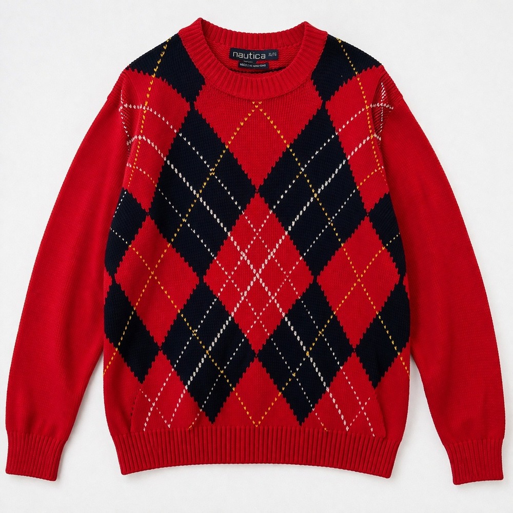 Nautica cotton argyle vtg men sweater XL black red preppy academia‎ Gilmore